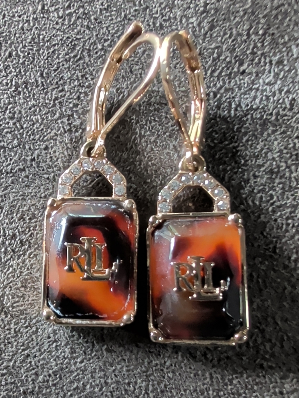 Ralph Lauren Gold-Tone Tortoiseshell RL Drop Earrings / Worn Once
